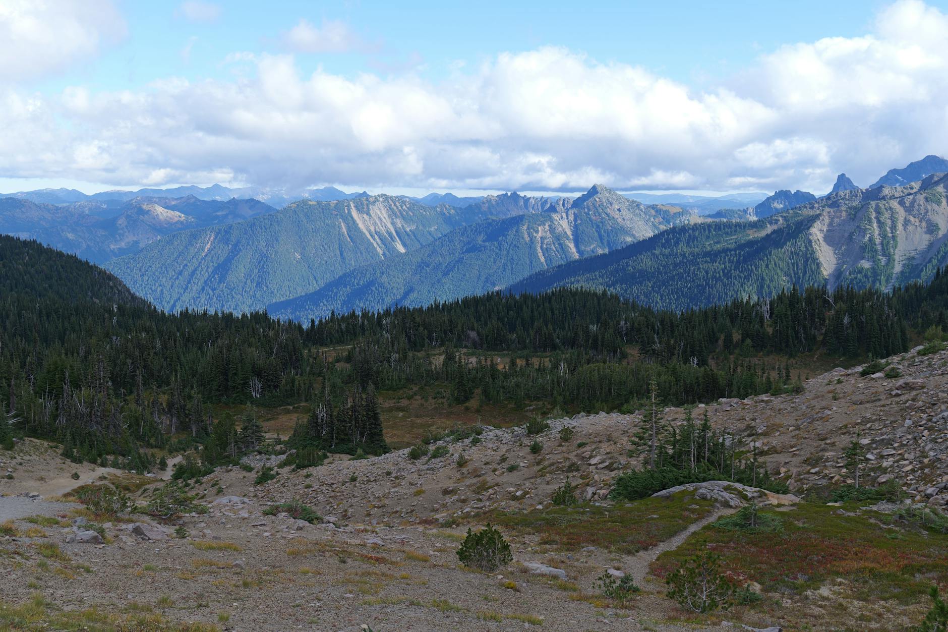 Górski krajobraz z lasami w świetle zachodzącego słońca